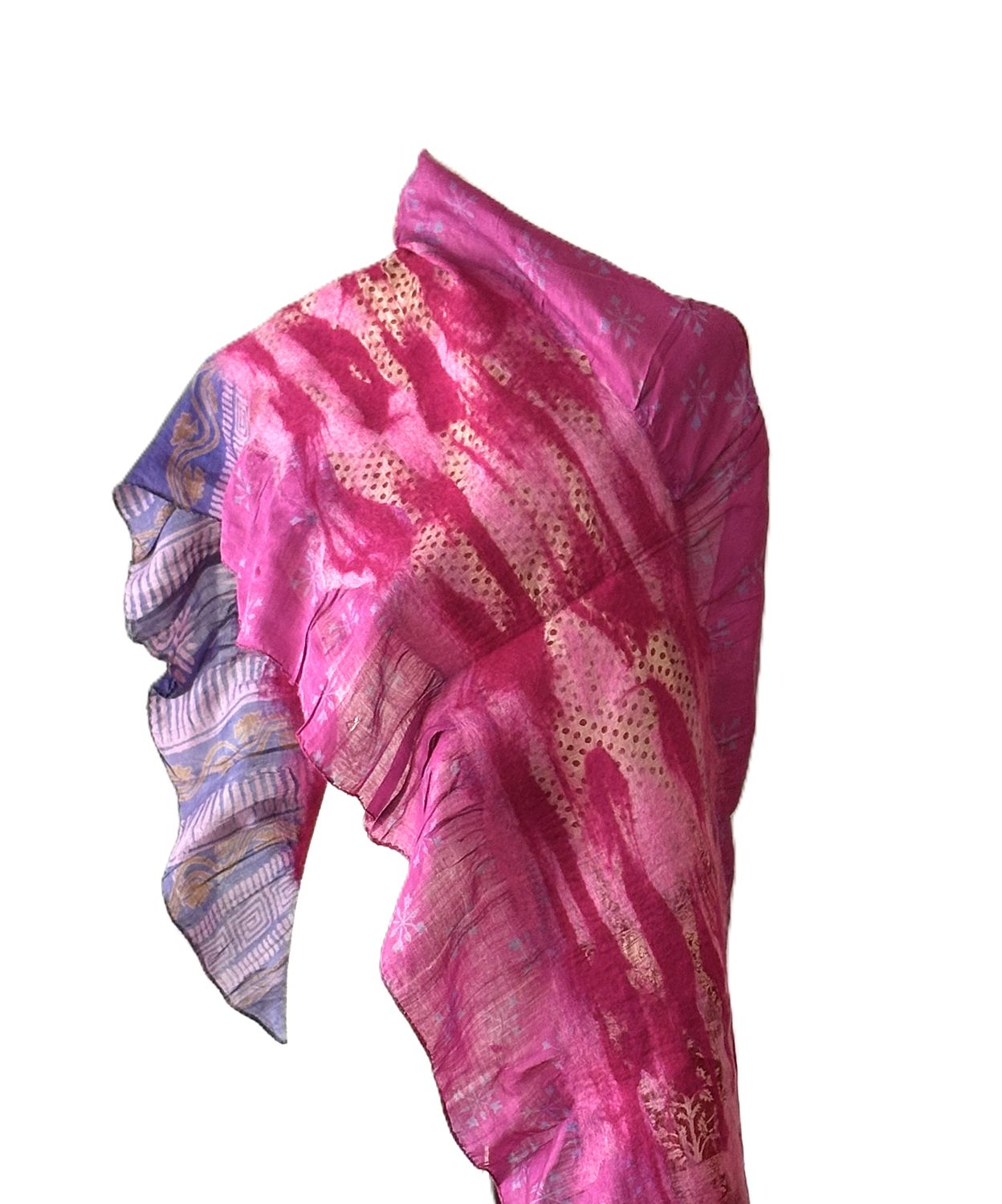 Artisan Shawl, Handmade Merino Wool And Vintage Silk Sari Wrap. (Pink)