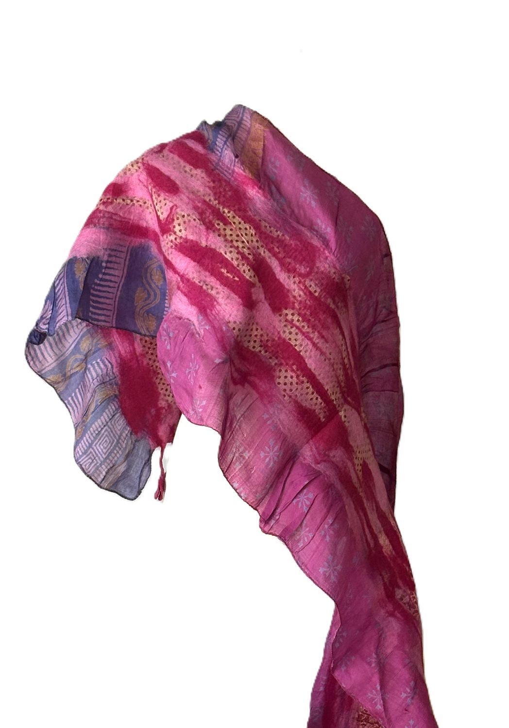Artisan Shawl, Handmade Merino Wool And Vintage Silk Sari Wrap. (Pink)