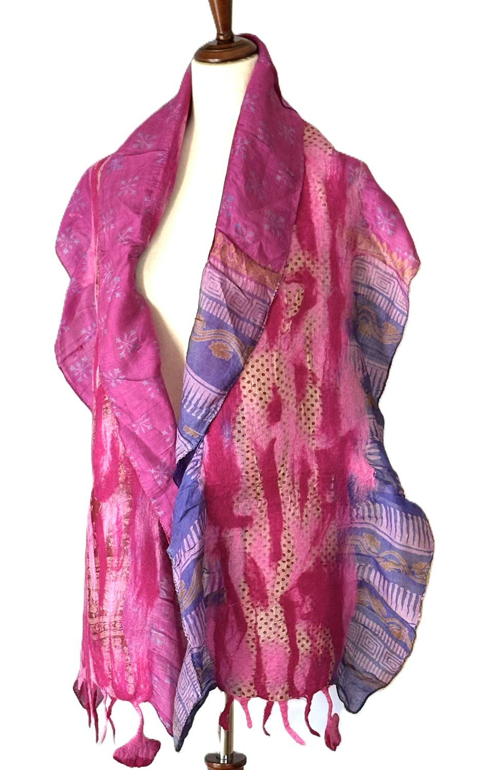 Artisan Shawl, Handmade Merino Wool And Vintage Silk Sari Wrap. (Pink)