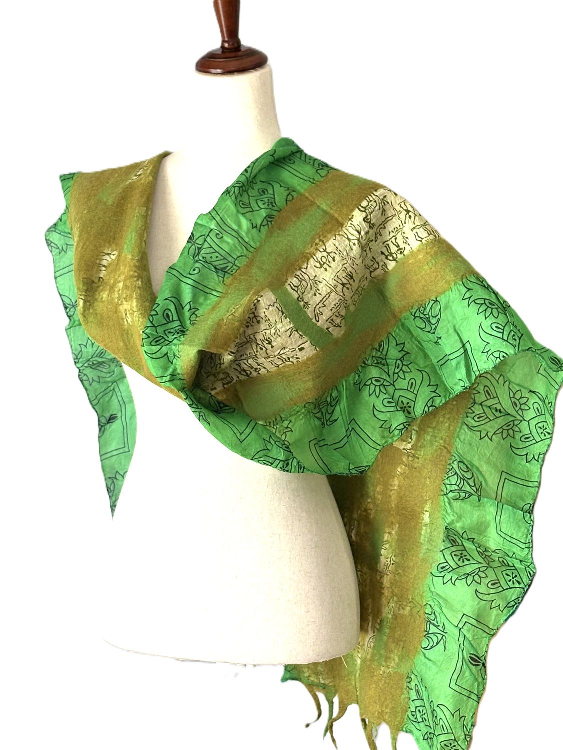 Artisan Shawl, Handmade Merino Wool And Vintage Silk Sari Wrap. (Green)