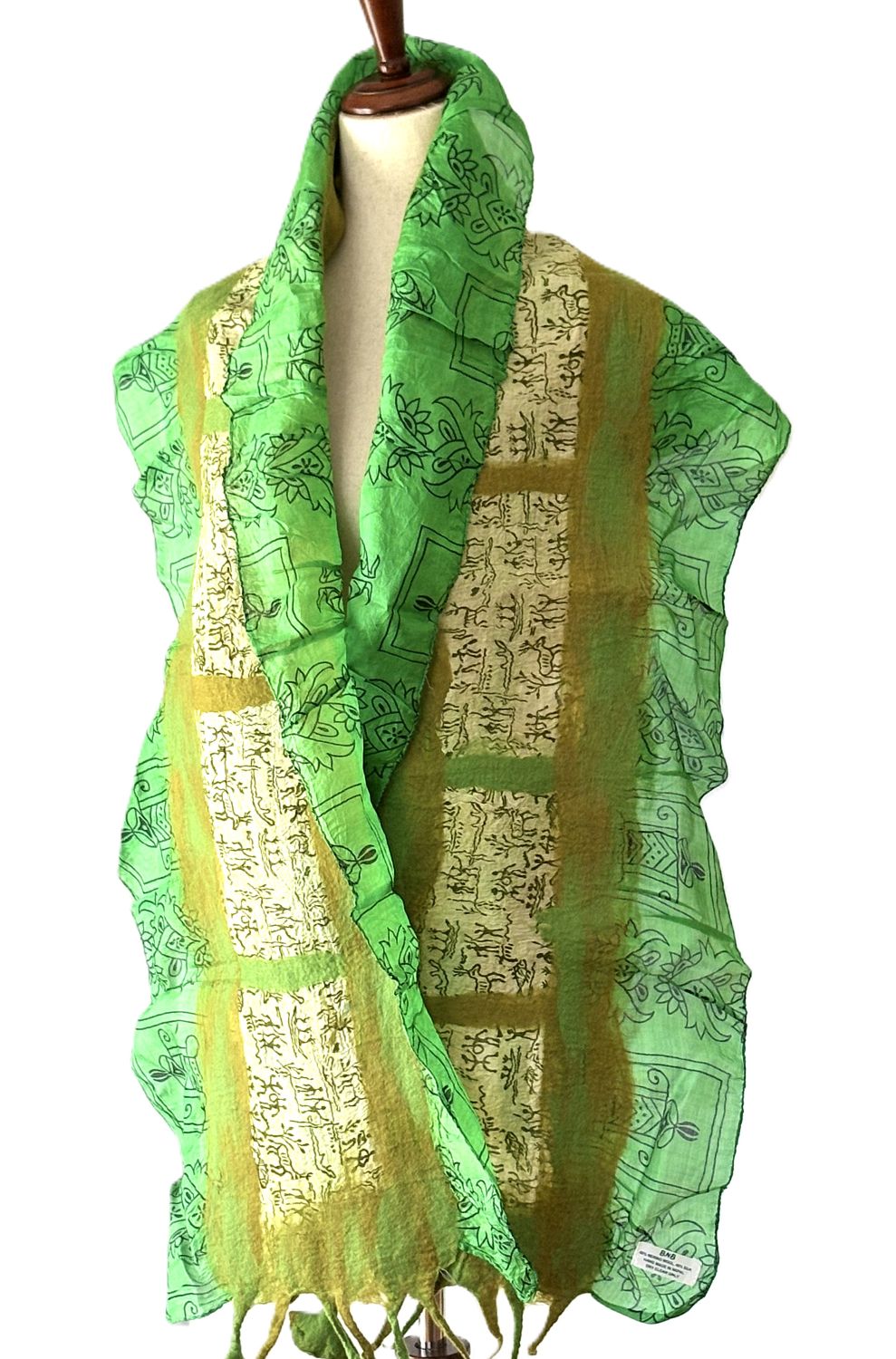 Artisan Shawl, Handmade Merino Wool And Vintage Silk Sari Wrap. (Green)