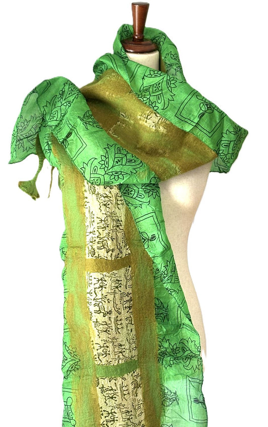 Artisan Shawl, Handmade Merino Wool And Vintage Silk Sari Wrap. (Green)
