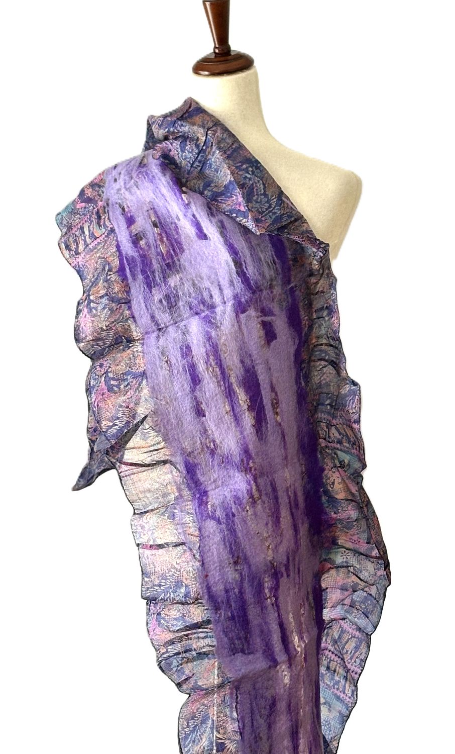 Artisan Shawl, Handmade Merino Wool And Vintage Silk Sari Wrap. (Purple)