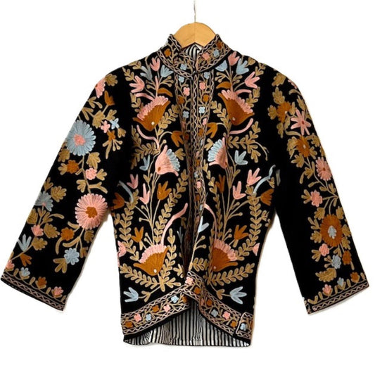 Wearable Art In This Hand Embroidered Fitted Short Jacket. New Style (Black)