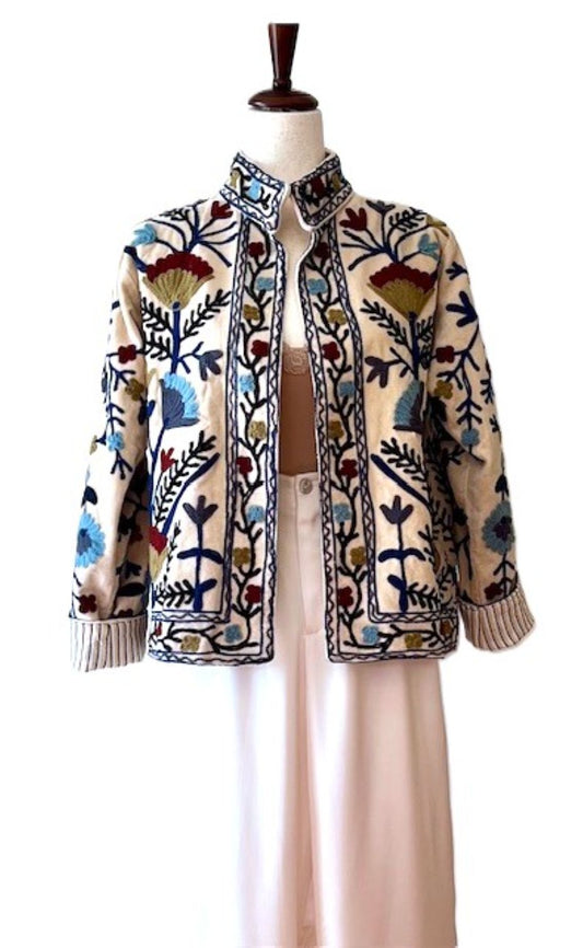 Wearable Art In This Hand Embroidered Reversible Velvet Short Jacket.  (Off White)