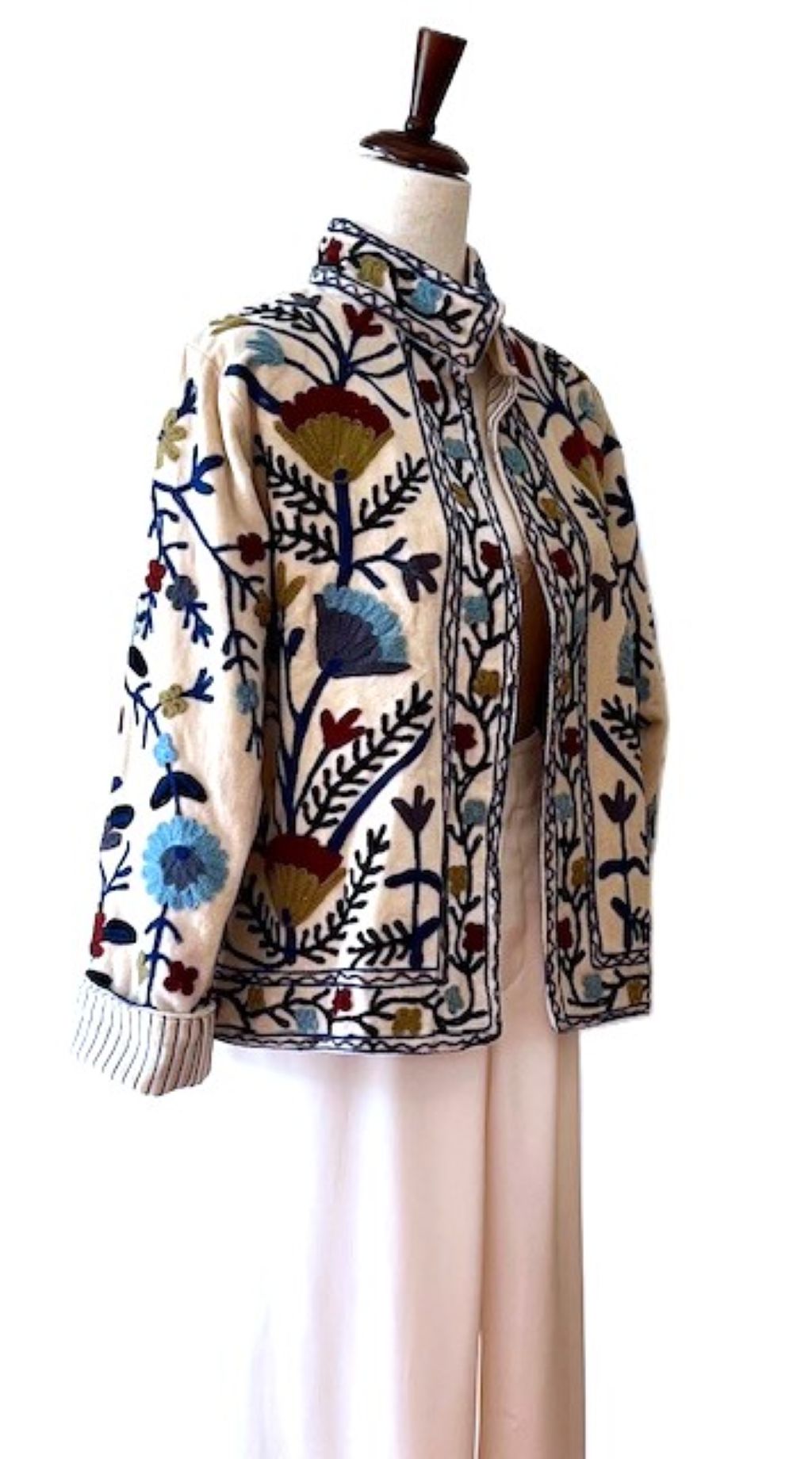 Wearable Art In This Hand Embroidered Reversible Velvet Short Jacket.  (Off White)