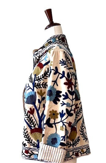 Wearable Art In This Hand Embroidered Reversible Velvet Short Jacket.  (Off White)