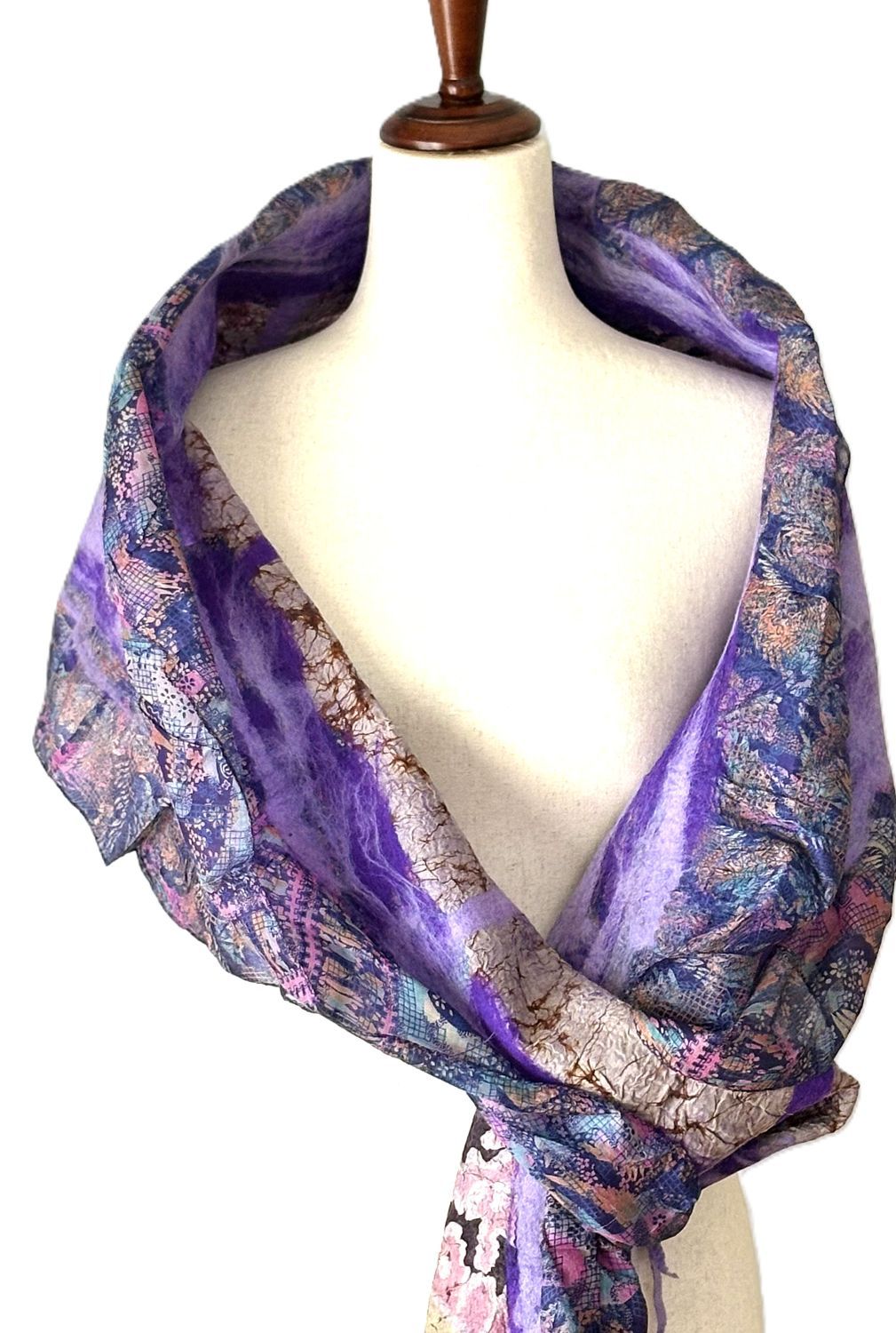 Artisan Shawl, Handmade Merino Wool And Vintage Silk Sari Wrap. (Purple)