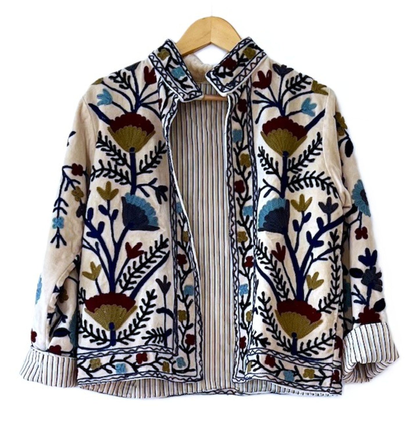 Wearable Art In This Hand Embroidered Reversible Velvet Short Jacket.  (Off White)