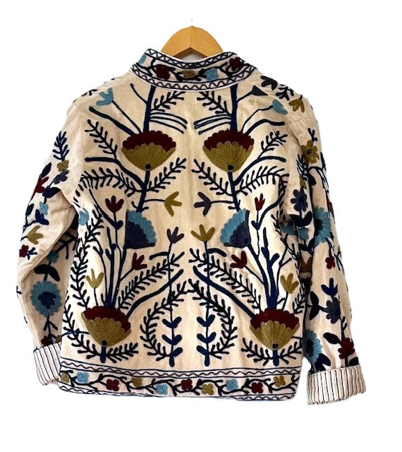 Wearable Art In This Hand Embroidered Reversible Velvet Short Jacket.  (Off White)