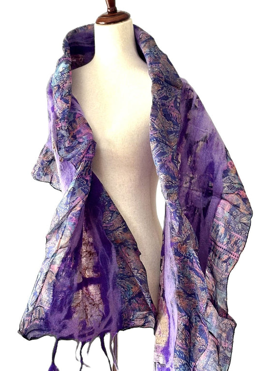 Artisan Shawl, Handmade Merino Wool And Vintage Silk Sari Wrap. (Purple)