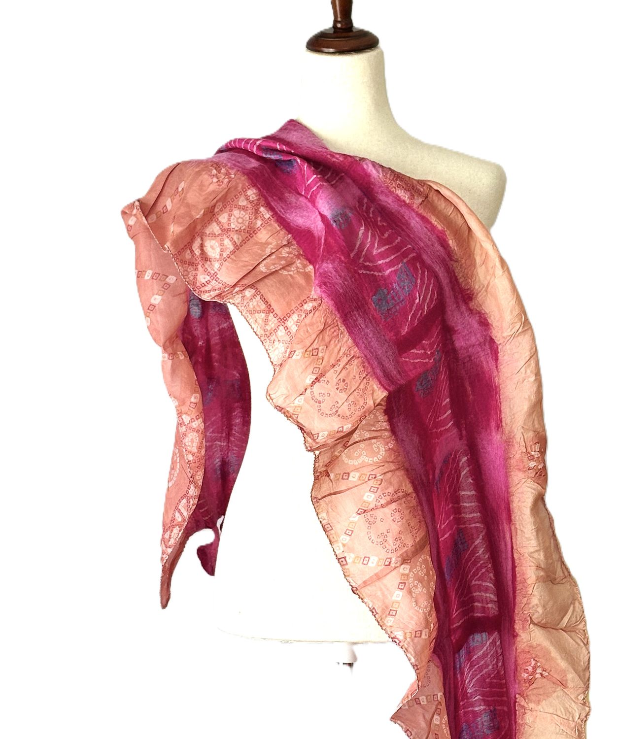Artisan Shawl, Handmade Merino Wool And Vintage Silk Sari Wrap. (Peach Pink)