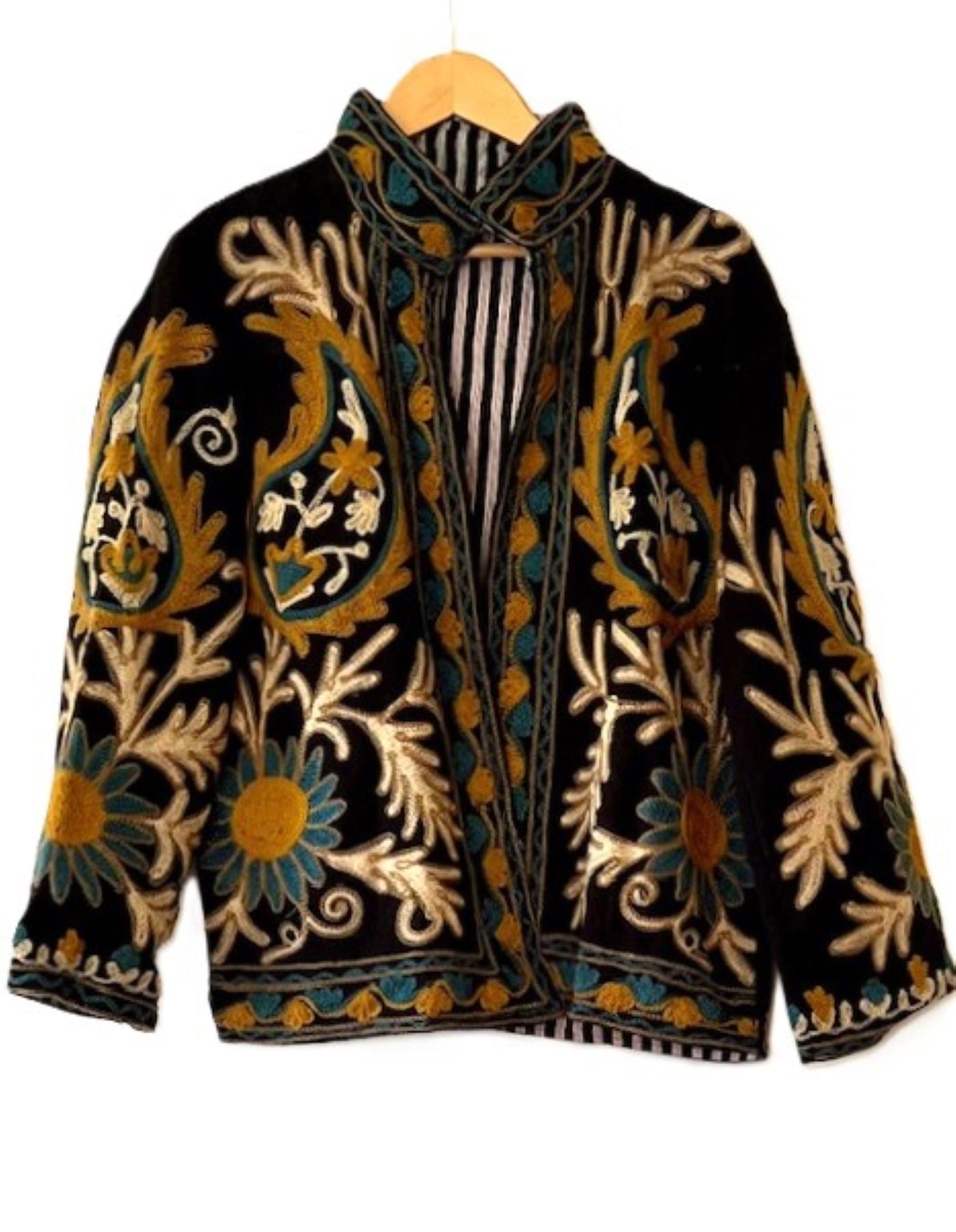 Wearable Art In This Hand Embroidered Short Jacket.  (Black with Camel)