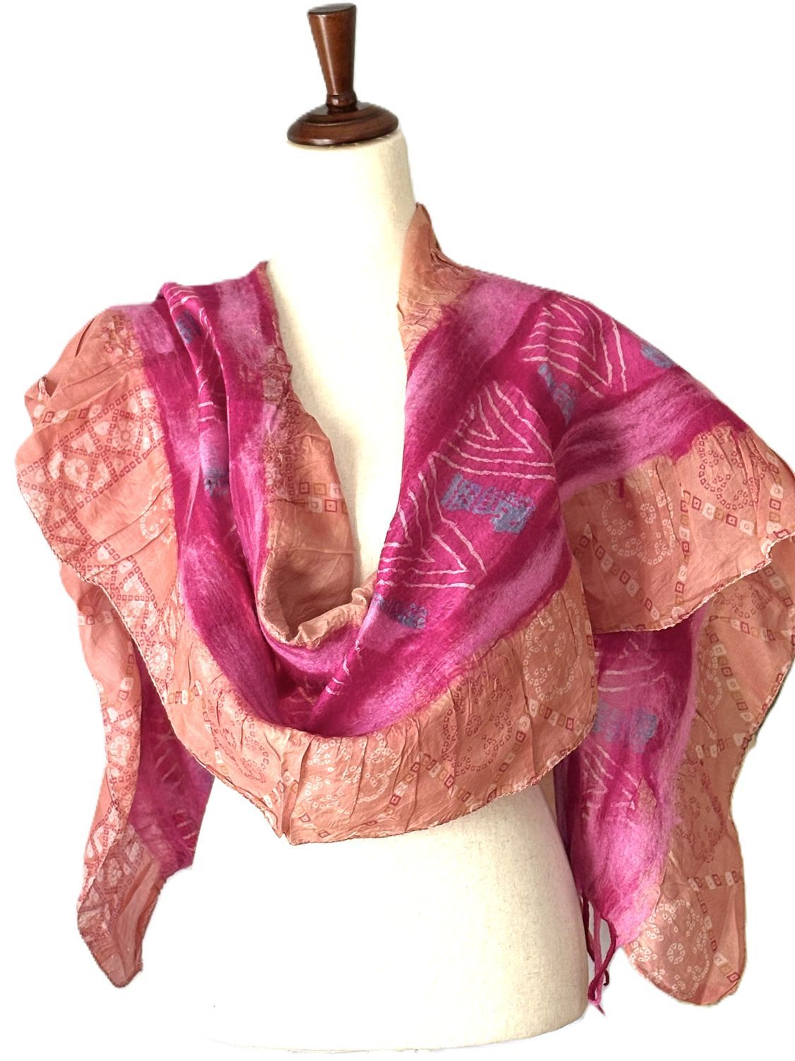 Artisan Shawl, Handmade Merino Wool And Vintage Silk Sari Wrap. (Peach Pink)