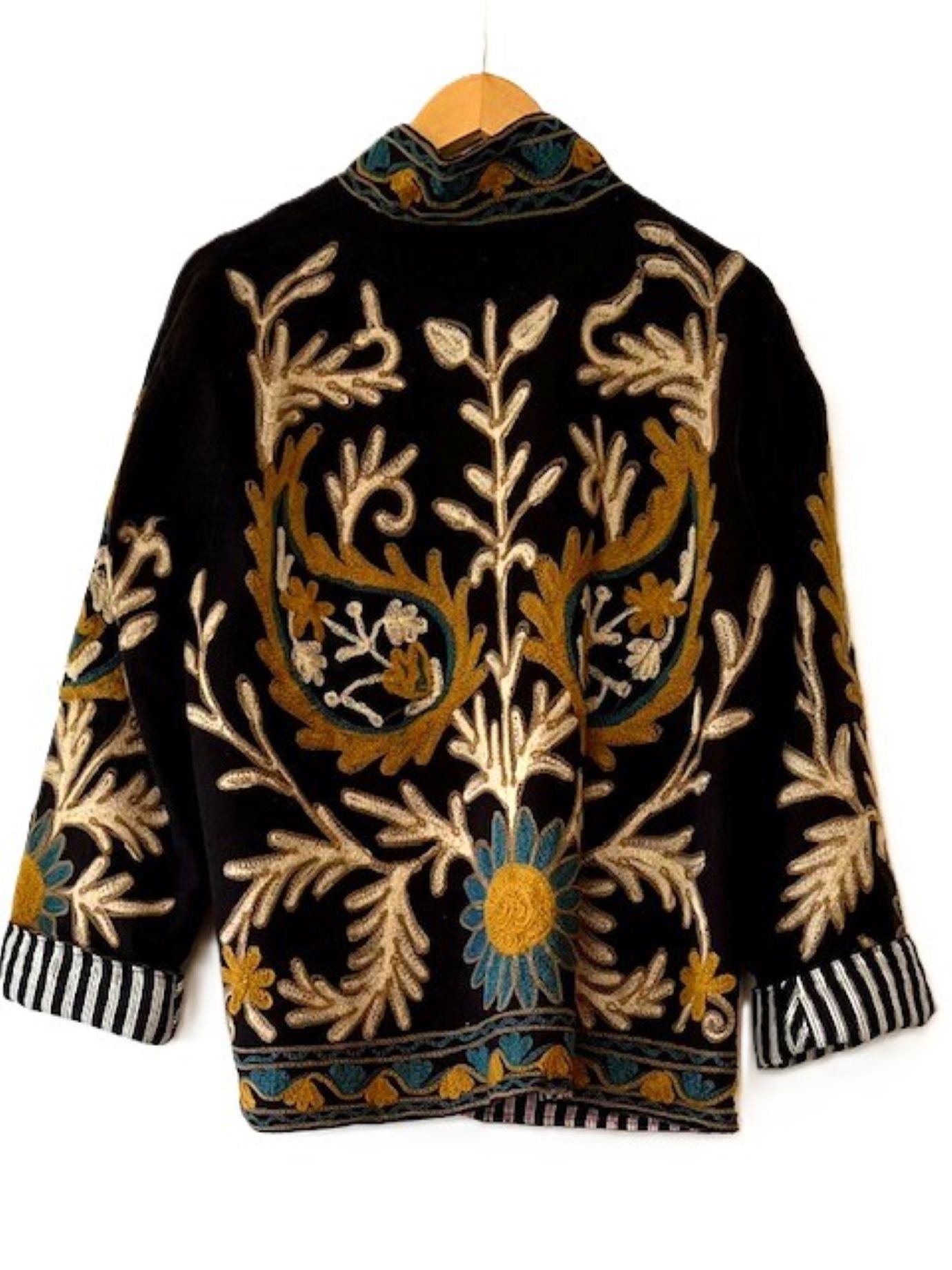 Wearable Art In This Hand Embroidered Short Jacket.  (Black with Camel)