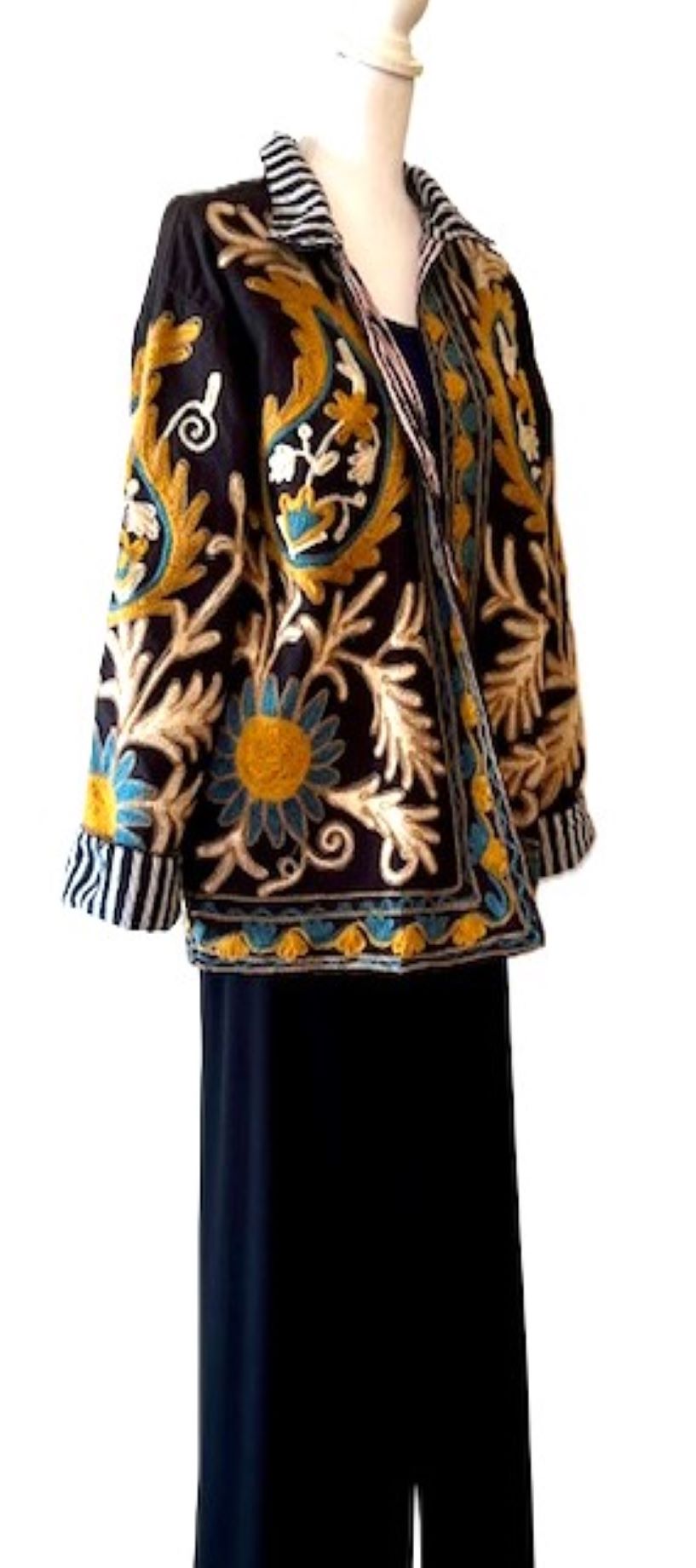 Wearable Art In This Hand Embroidered Short Jacket.  (Black with Camel)