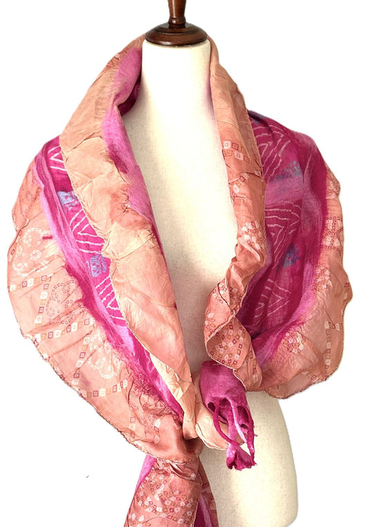 Artisan Shawl, Handmade Merino Wool And Vintage Silk Sari Wrap. (Peach Pink)