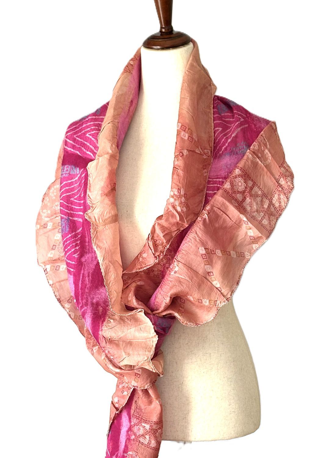 Artisan Shawl, Handmade Merino Wool And Vintage Silk Sari Wrap. (Peach Pink)