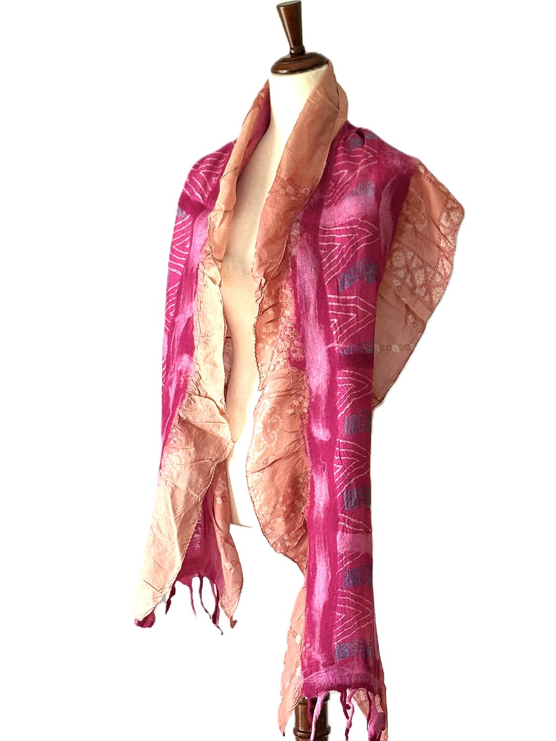 Artisan Shawl, Handmade Merino Wool And Vintage Silk Sari Wrap. (Peach Pink)