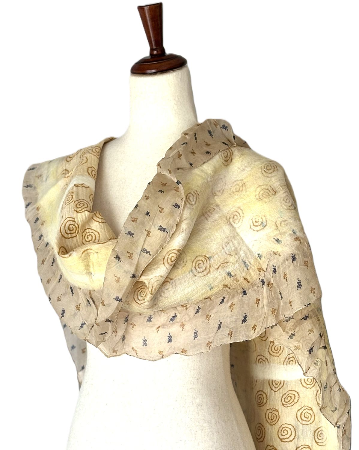 Artisan Shawl, Handmade Merino Wool And Vintage Silk Sari Wrap. (Beige)
