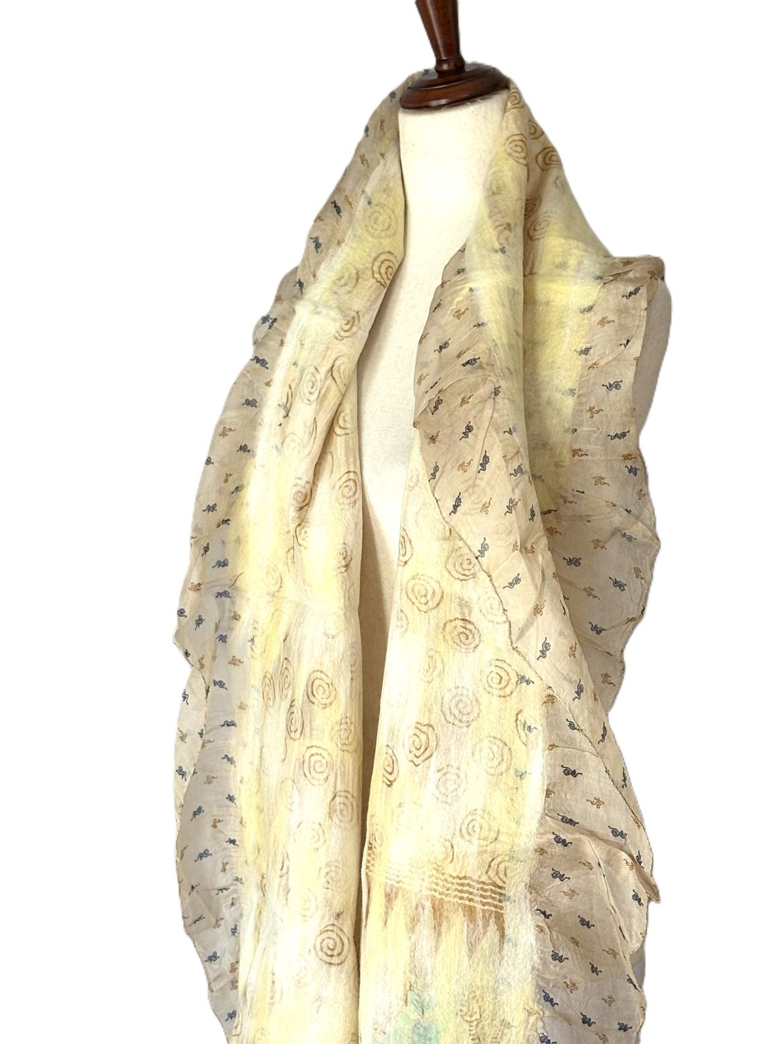 Artisan Shawl, Handmade Merino Wool And Vintage Silk Sari Wrap. (Beige)