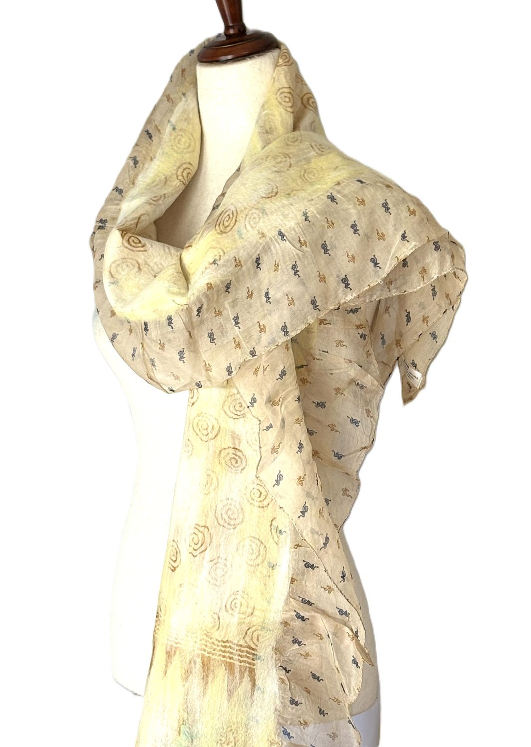Artisan Shawl, Handmade Merino Wool And Vintage Silk Sari Wrap. (Beige)