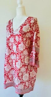 Crisp Floral Block Print Cotton Dress With Flared Cuffs  (Red)