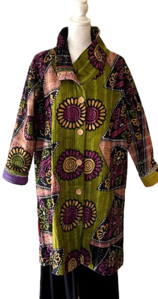 Contemporary Multi Color Midi Patchwork Jacket. New Kantha Look.