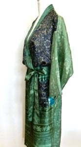 Top of the Line Silk Kimono Duster Mixed Print (Emerald/navy)