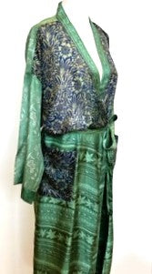 Top of the Line Silk Kimono Duster Mixed Print (Emerald/navy)