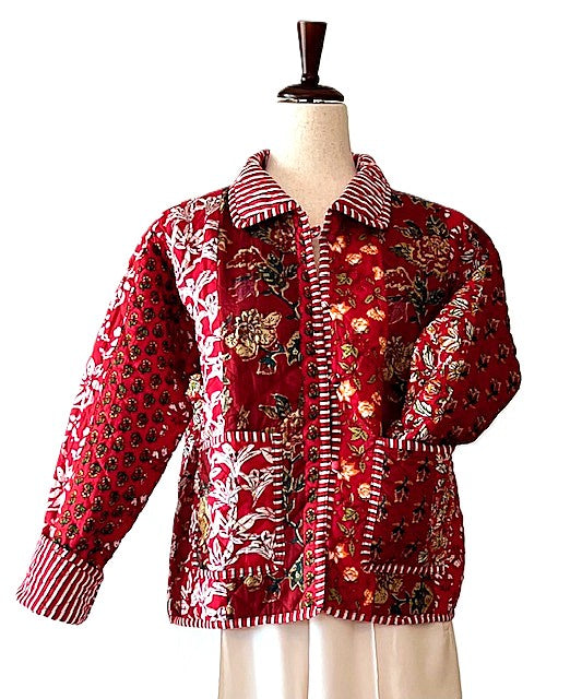 Luxe Cotton Quilted Womens Jacket With Stripe Piping Looks Rich (Red Floral)