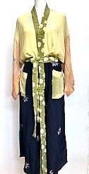 Color Block Long Silk Duster Kimono With Embroidered Belt