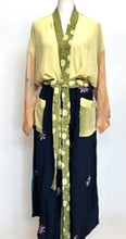 Color Block Long Silk Duster Kimono With Embroidered Belt