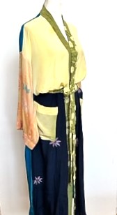 Color Block Long Silk Duster Kimono With Embroidered Belt