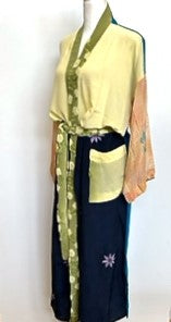 Color Block Long Silk Duster Kimono With Embroidered Belt