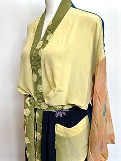 Color Block Long Silk Duster Kimono With Embroidered Belt