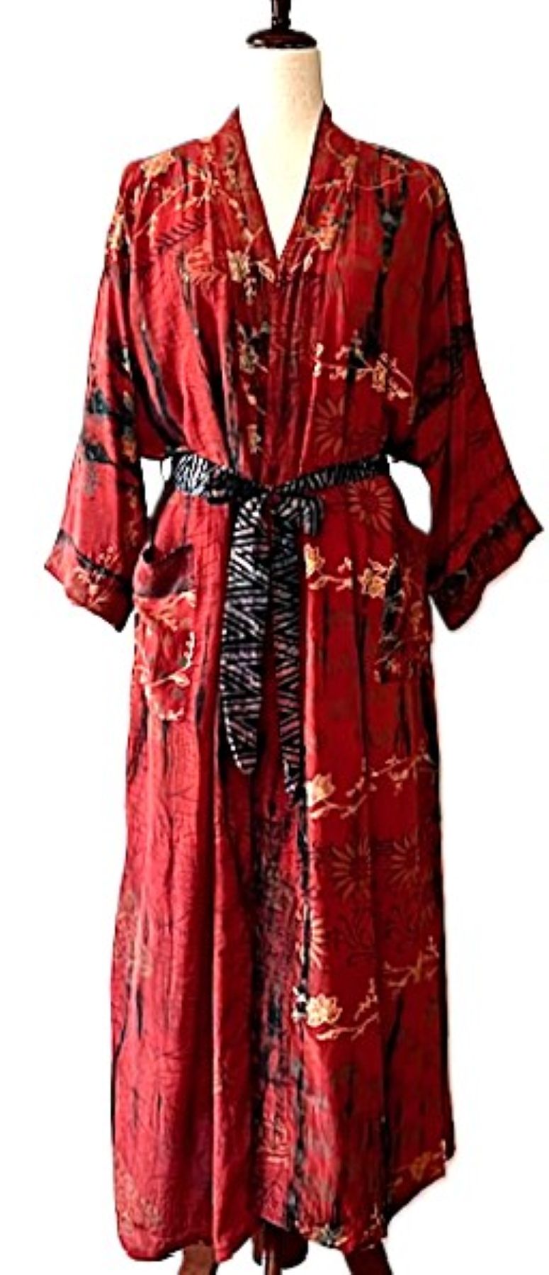 Signature Collection, Contemporary Asian Influenced Long Silk Kimono Duster (Red)