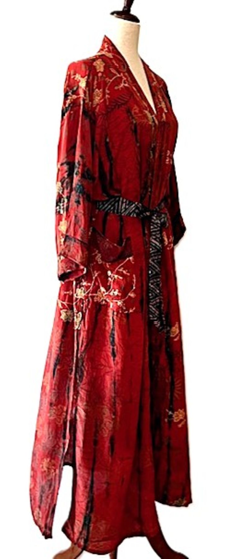 Signature Collection, Contemporary Asian Influenced Long Silk Kimono Duster (Red)