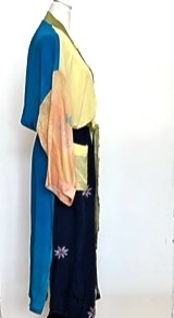 Color Block Long Silk Duster Kimono With Embroidered Belt
