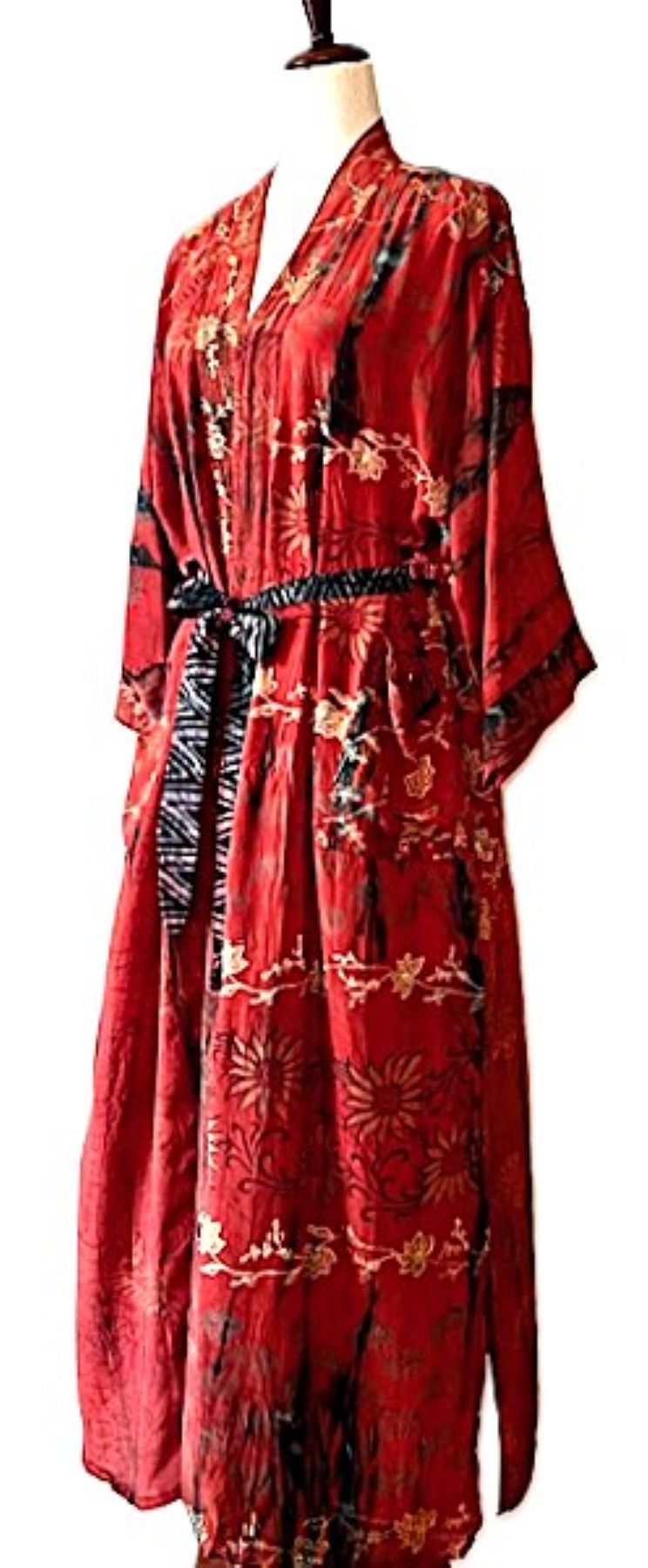 Signature Collection, Contemporary Asian Influenced Long Silk Kimono Duster (Red)