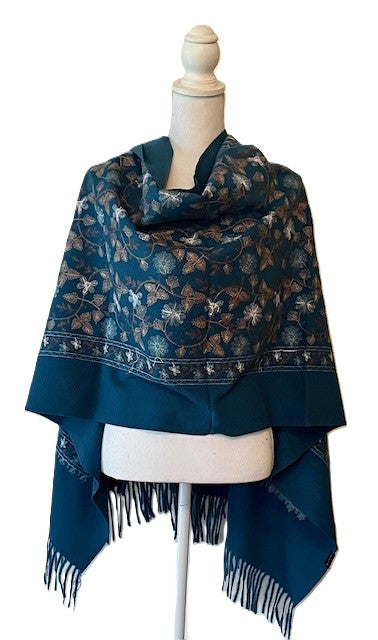 Embroidered Flower Vine Blue Wrap – Artisan Shawl