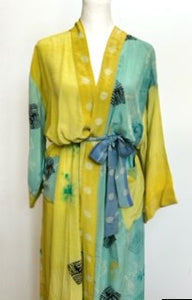 Top of the Line Silk Kimono Duster in Pastels Aqua/Marigold