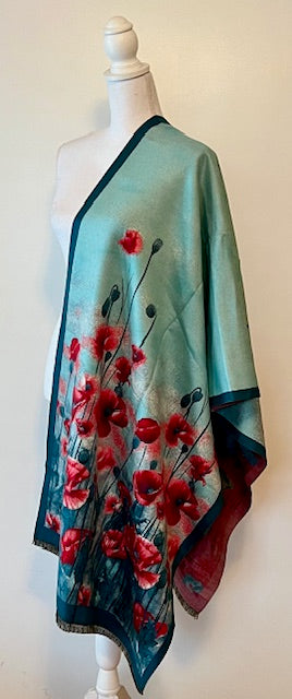 Turquoise/ Red Poppy Field Reversible Wrap – Artisan Shawl