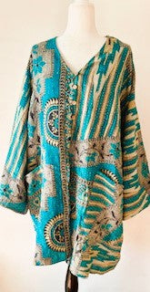 Best Seller: 4 Button Short Kantha Cotton Tunic is Seasonless (Aqua Abstract)