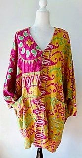 Best Seller: 4 Button Short Kantha Cotton Tunic is Seasonless (Pink Abstract)