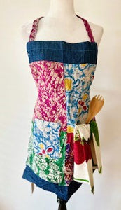 Fully Reversible Hand Embroidered Denim and Sari Patchwork Aprons (3 prints)