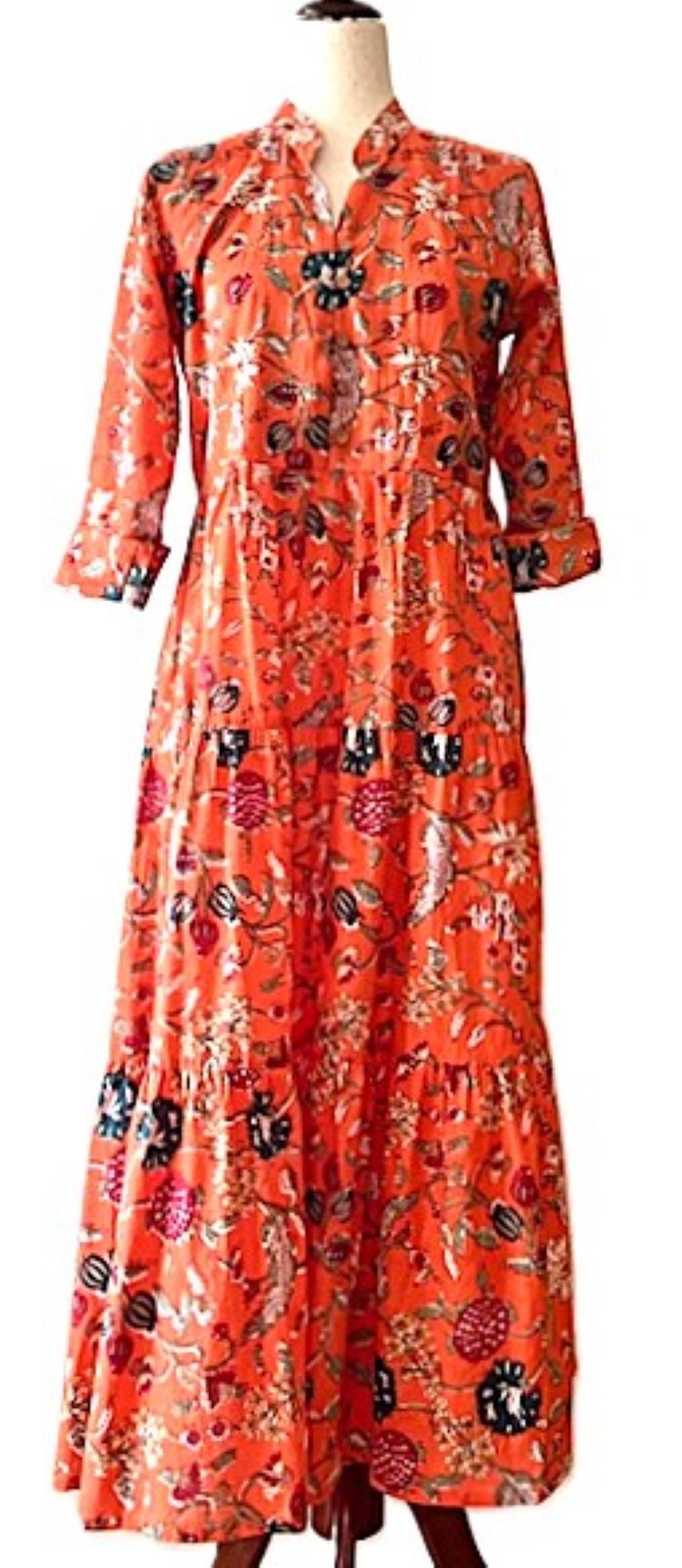 Dresses:Hand Block-Printed Tiered Dress Is Perfect For Fall (Persimmon)