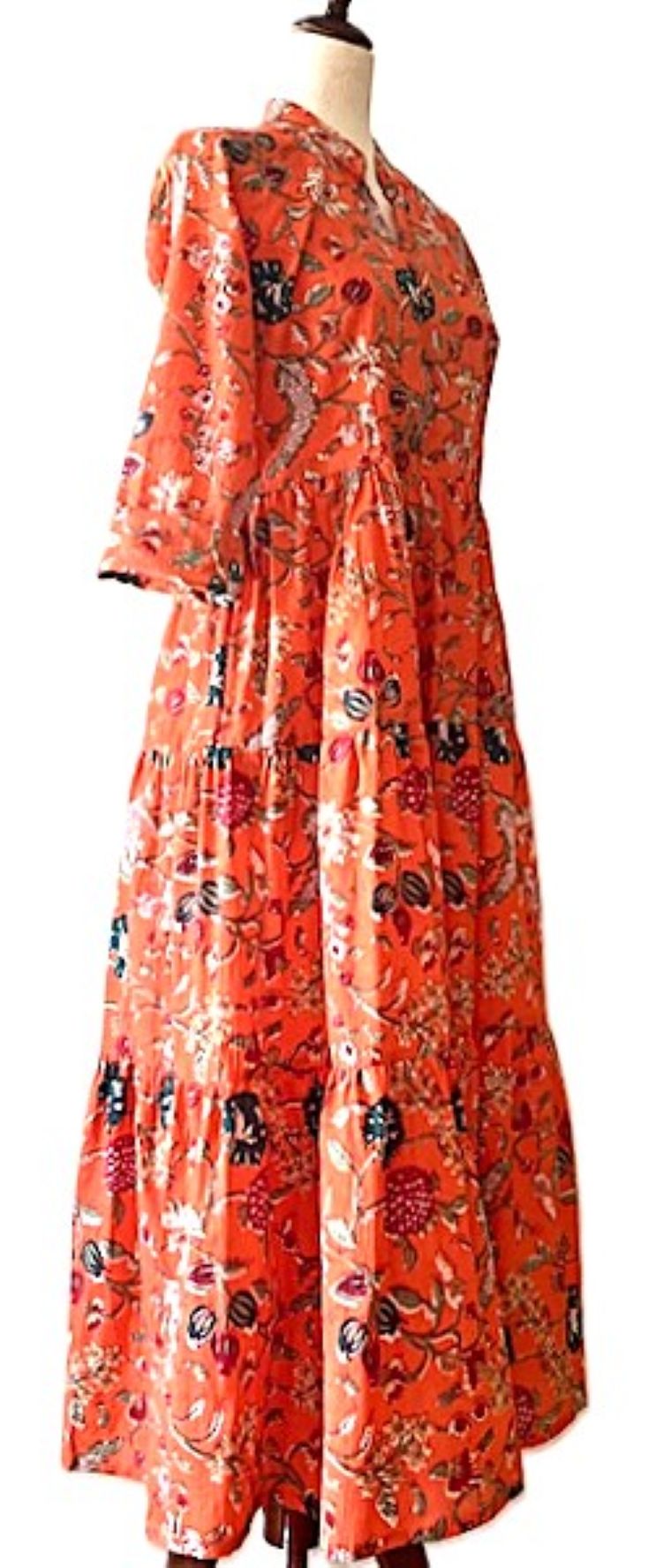 Dresses:Hand Block-Printed Tiered Dress Is Perfect For Fall (Persimmon)