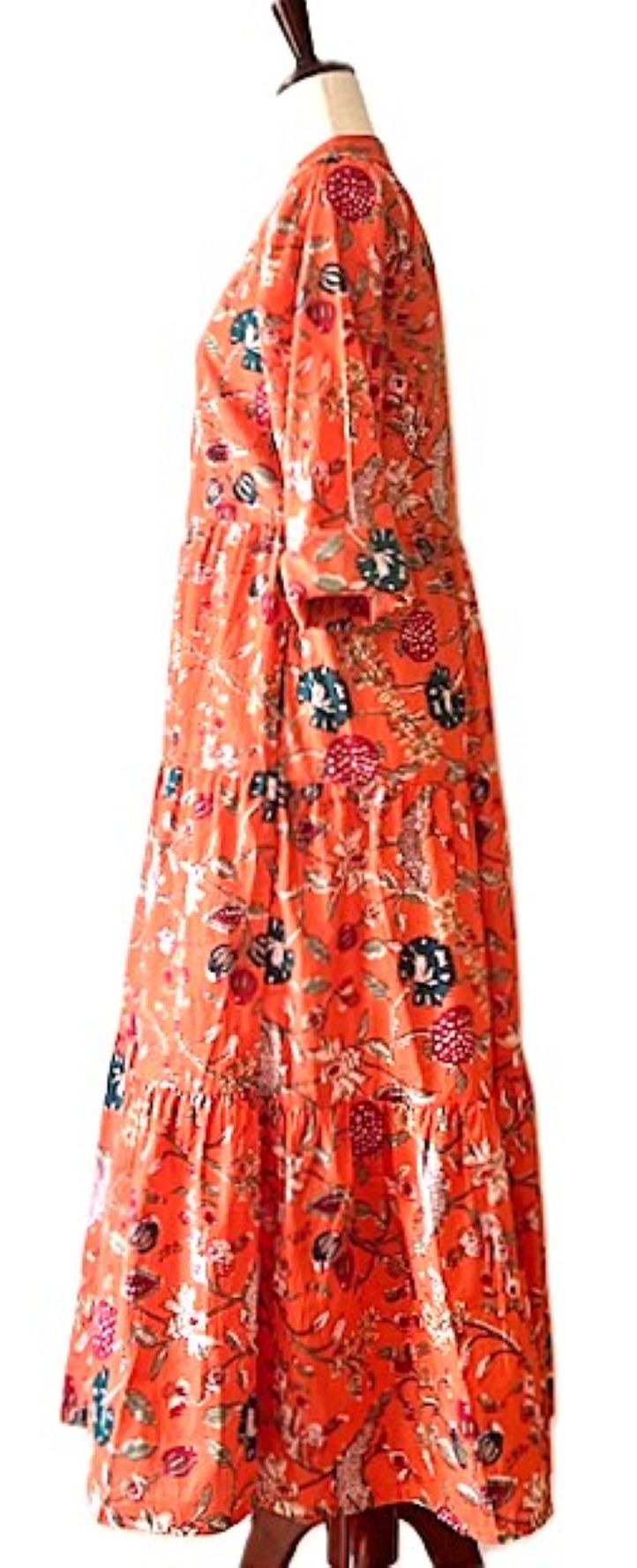 Dresses:Hand Block-Printed Tiered Dress Is Perfect For Fall (Persimmon)