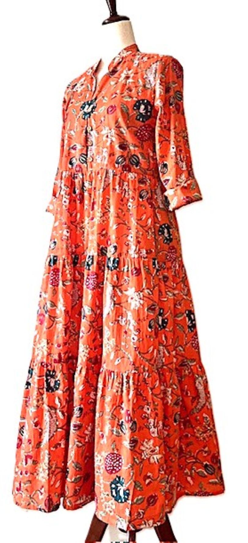 Dresses:Hand Block-Printed Tiered Dress Is Perfect For Fall (Persimmon)